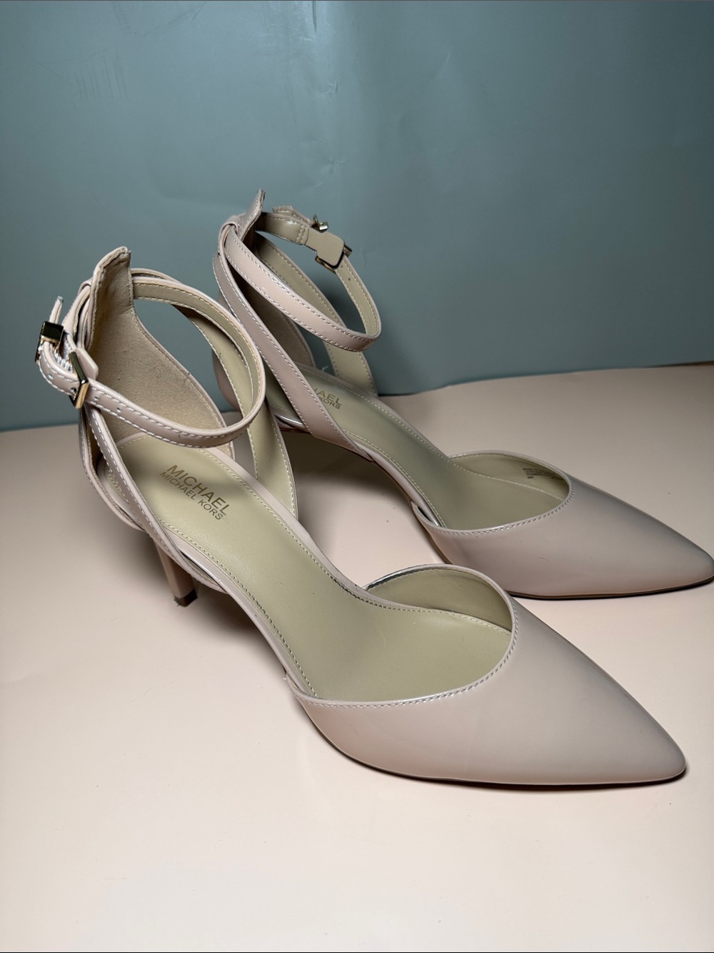 Michael Kors Pale Blush Pointed Toe Ankle-Strap Kitten Heels
